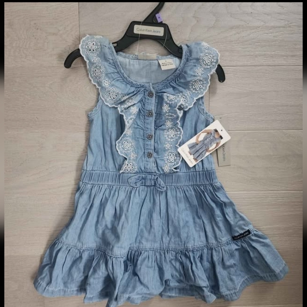 Calvin Klein Denim Ruffle Dress Girls Size 4